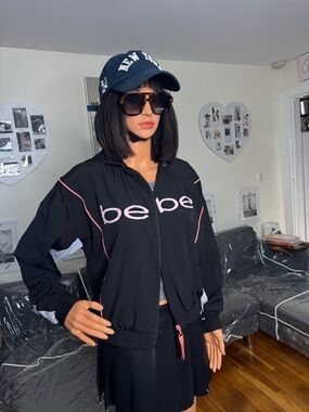 BeBe Sport Black Work Out Windbreaker Jacket with Pink Logo and Trim